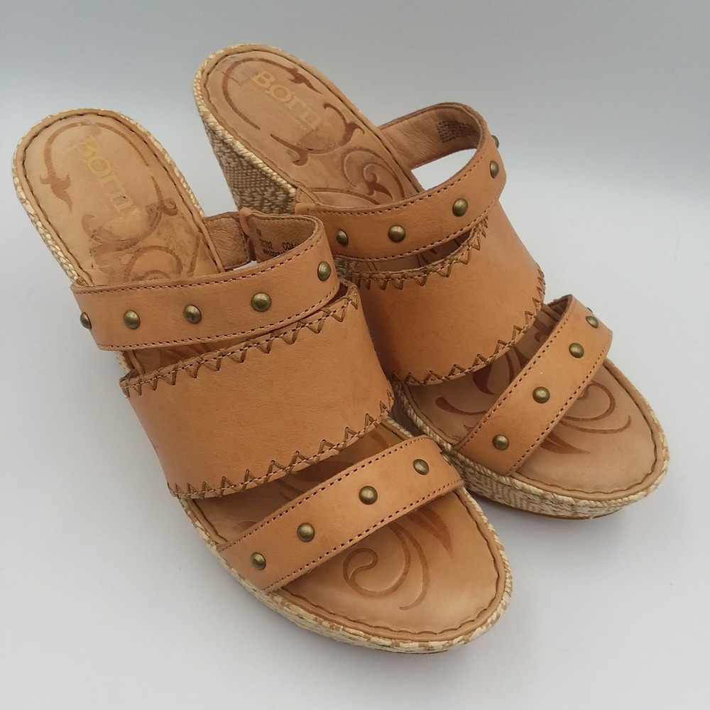 Born Borini Tan Leather Raffia Wedge Sandals Studded Straps Women's 9M Boho - Picture 6 of 16